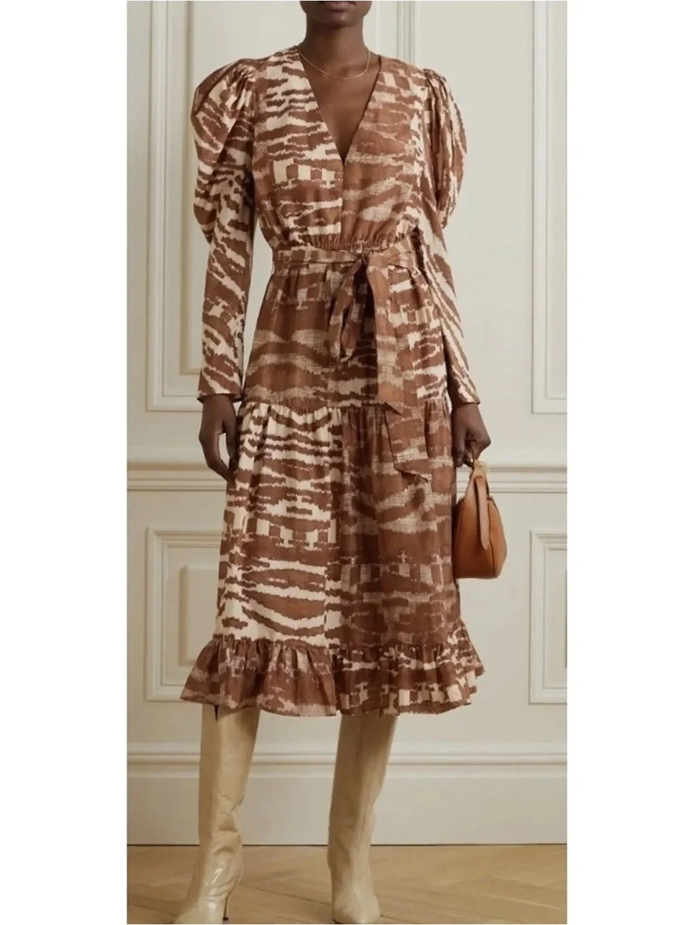New Ulla Johnson Leila Belted Printed Silk Midi Dress Brown Sz 4 - Picture 1 of 12